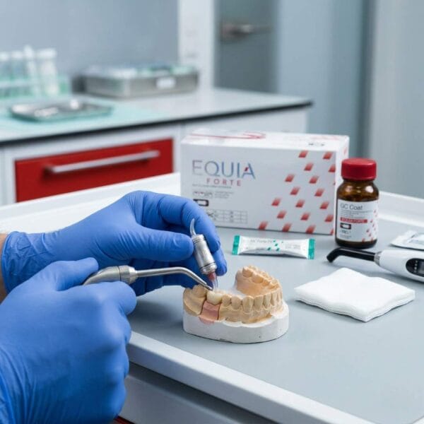 Odontólogo aplicando EQUIA Forte HT GC en restauración posterior bulk fill sin adhesivo — clínica dental Panamá