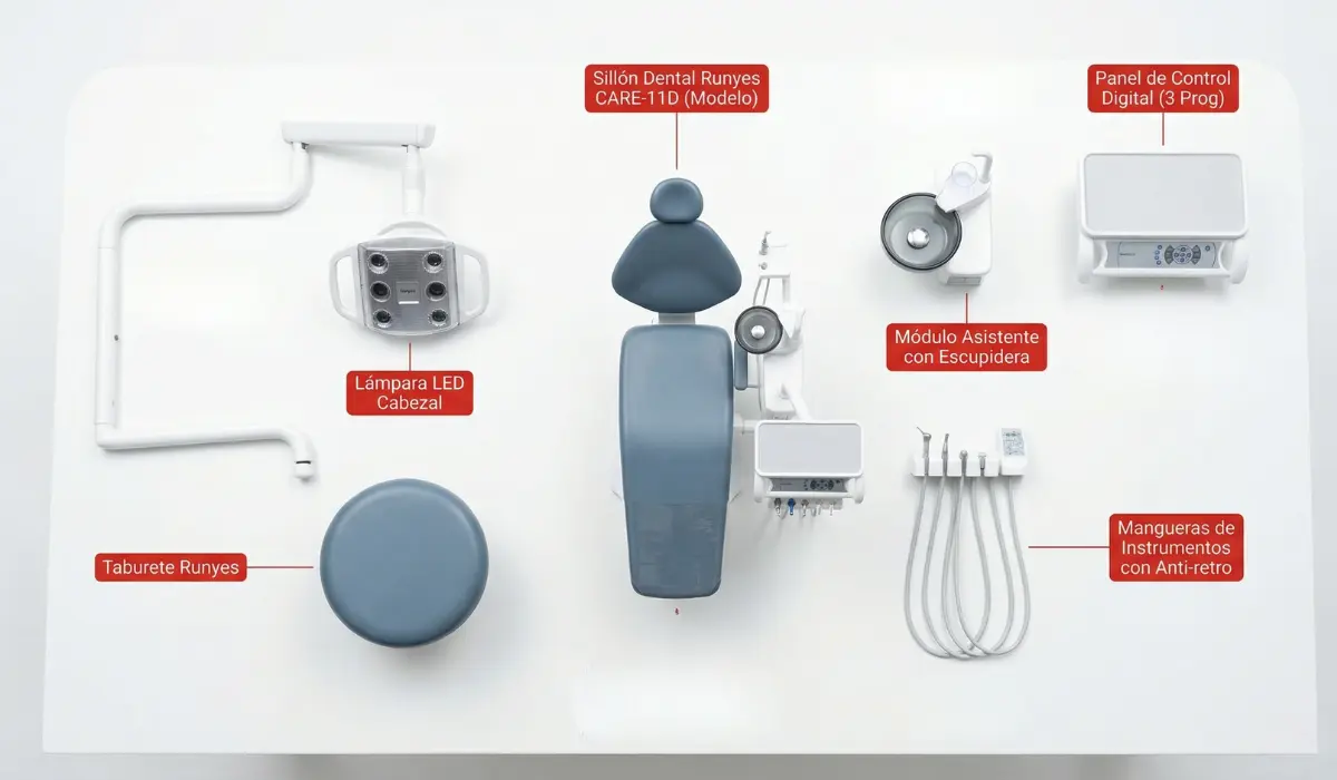 Componentes incluidos del Sillón Dental Runyes CARE-11D — todo desde la caja