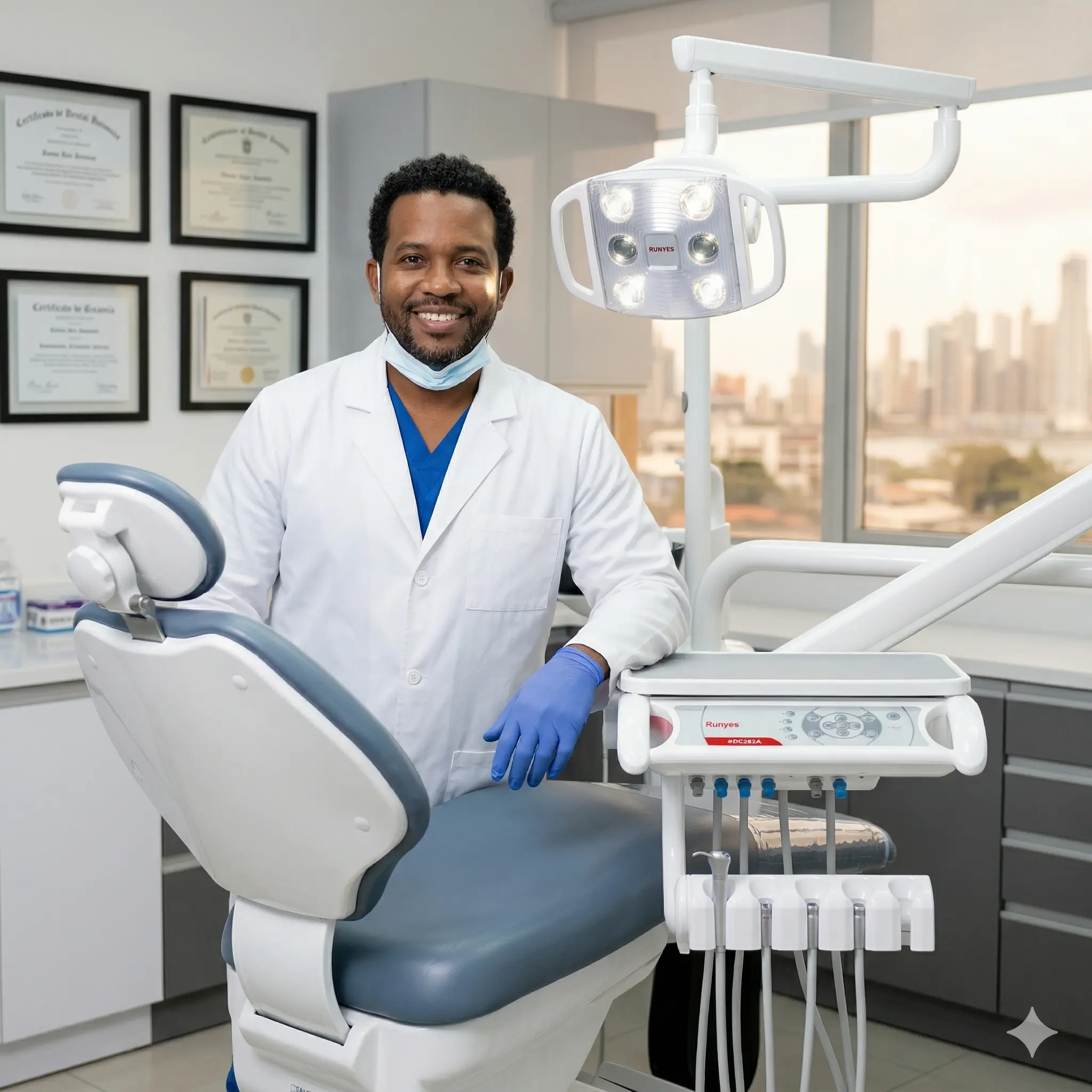 Odontólogo panameño satisfecho con el Sillón Dental Runyes CARE-11D