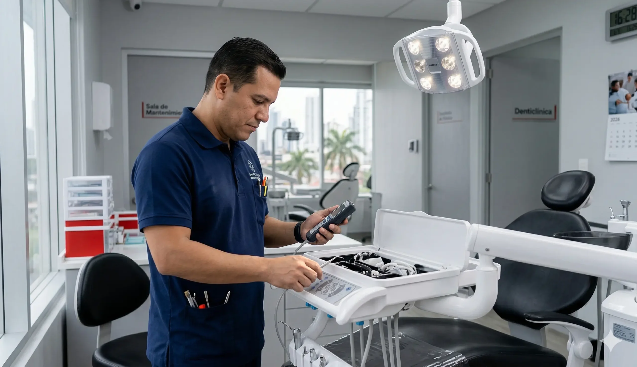 Técnico de servicio Denticlinica realizando mantenimiento en Sillón Dental Runyes CARE-11D — soporte técnico propio en Panamá