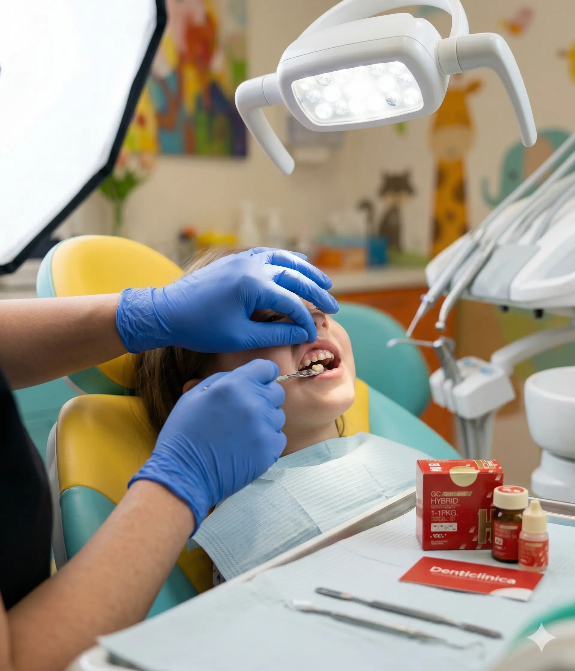 Odontopediatra aplicando GC Gold Label Hybrid en paciente pediátrico