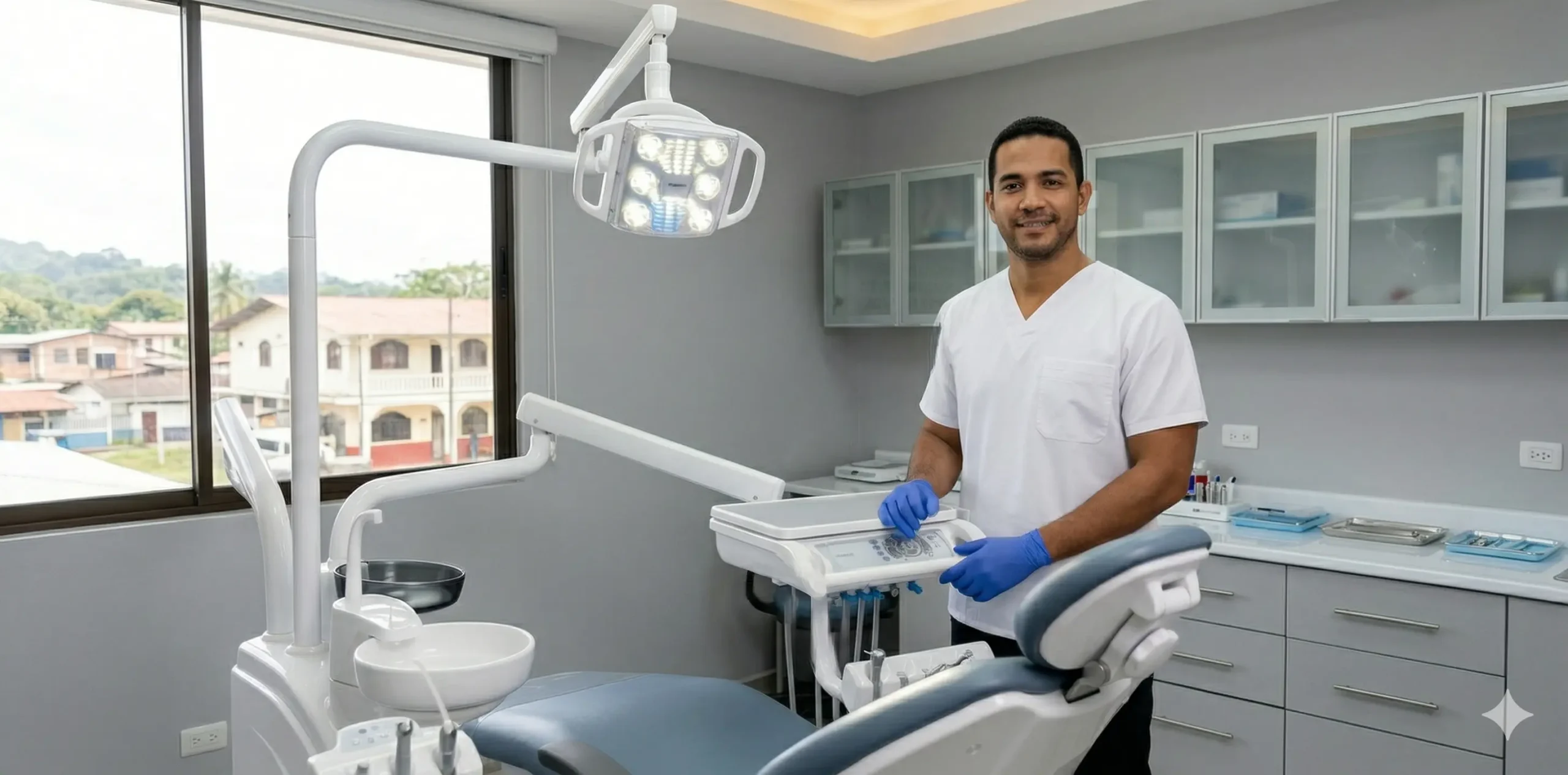 Odontólogo en consultorio del interior de Panamá con Sillón Dental Runyes CARE-11D — entrega nacional Denticlinica